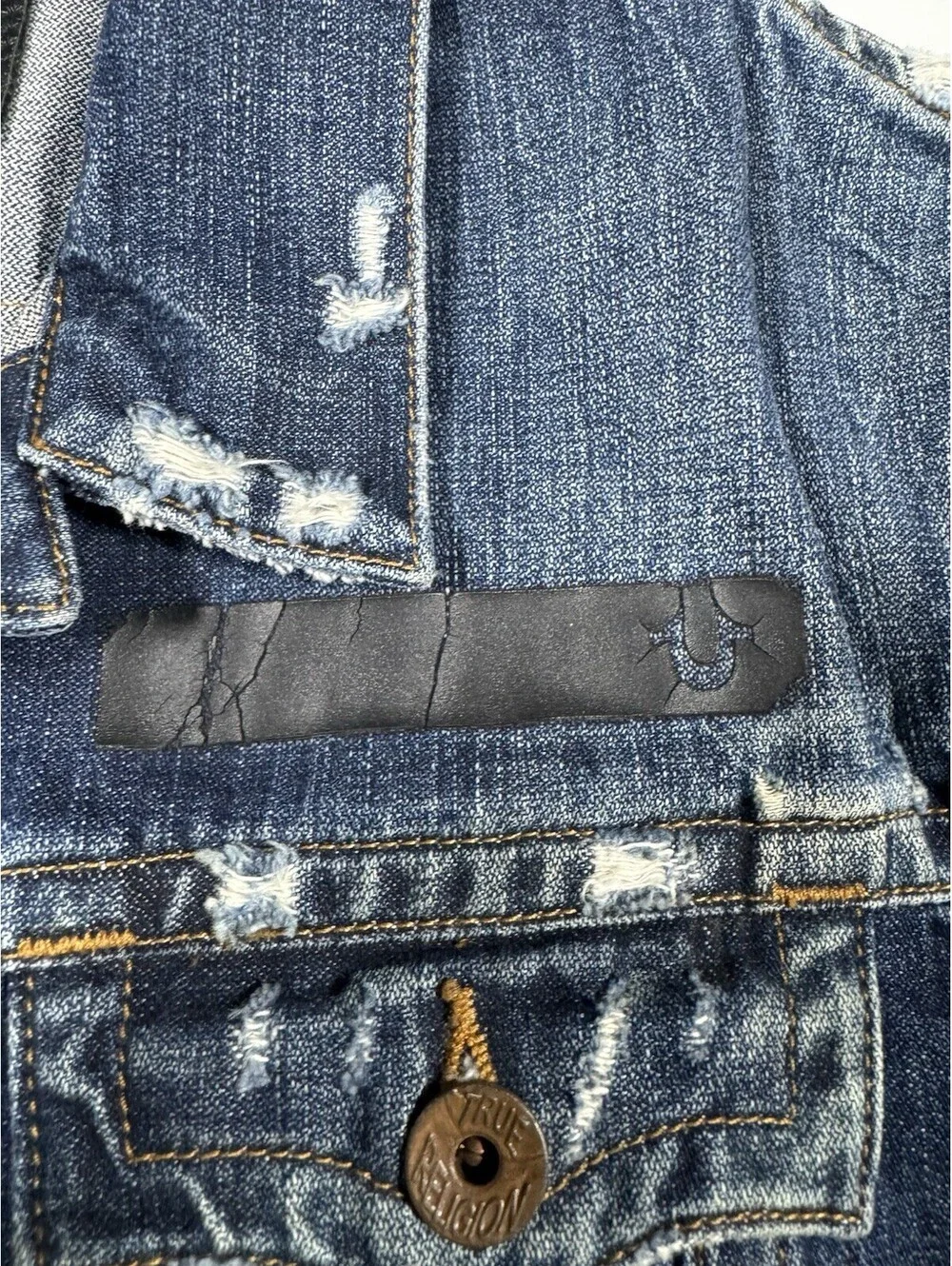 True Religion Danny Slim High Density Denim Jacket L Blue Distressed BAM Uncaged